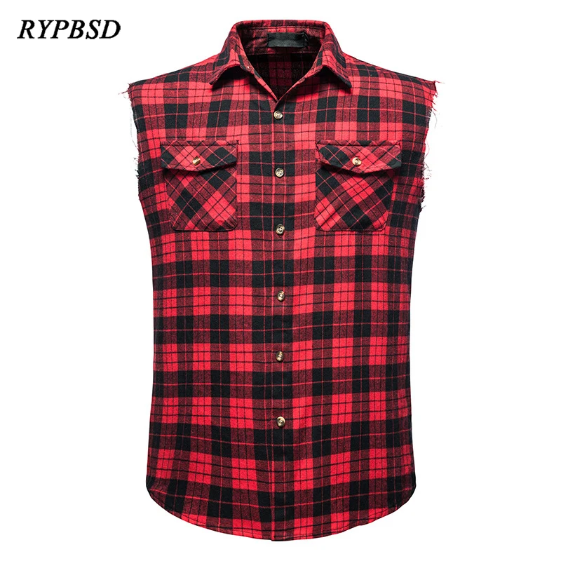 

Summer Casual Flannel Plaid Shirt Men Cotton Plus Size Sleeveless Double Pocket Beach Party Sleeveless Shirt Vest Checkered Top