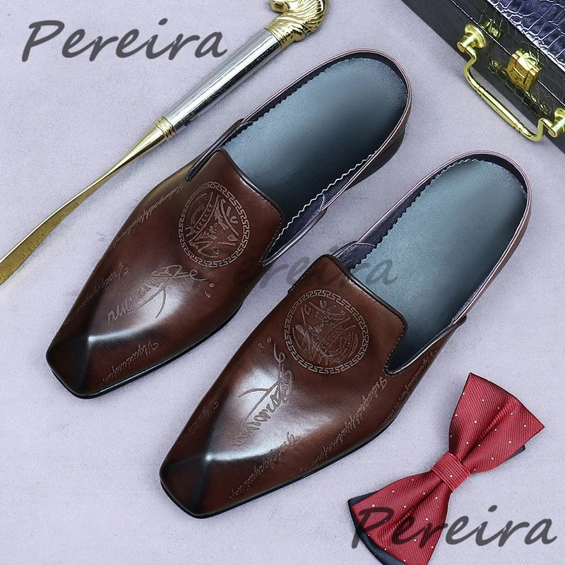 

British Men's Business Casual Shoes Fashion Carved Square Toe Genuine Leather Half Slippers Summer New Party Comfortable Shoes