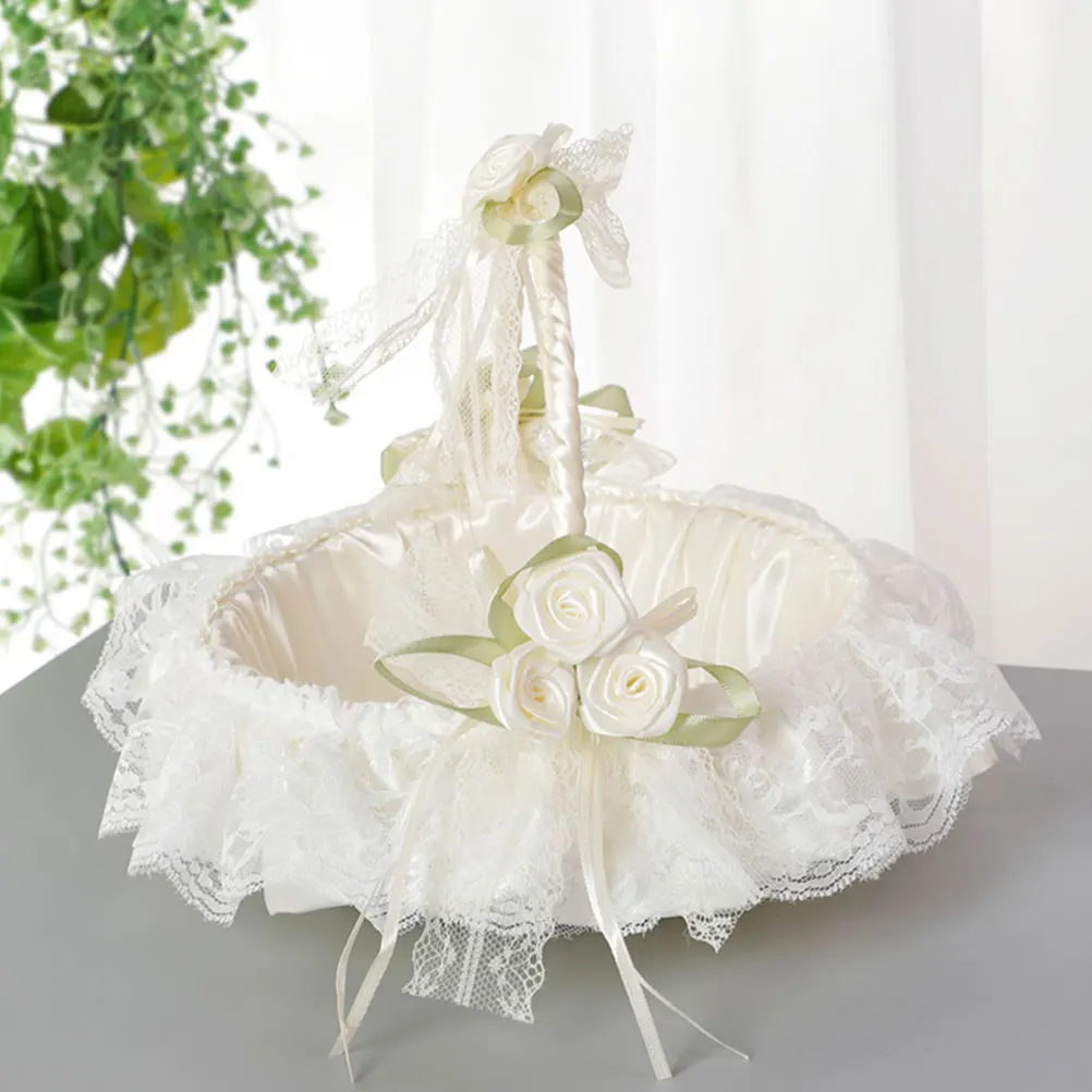 1pcs Wedding For Girl Lace Decorated White Bridal Party Flower Gathering Small With Handle Bridesmaid Basket Wedding Flower