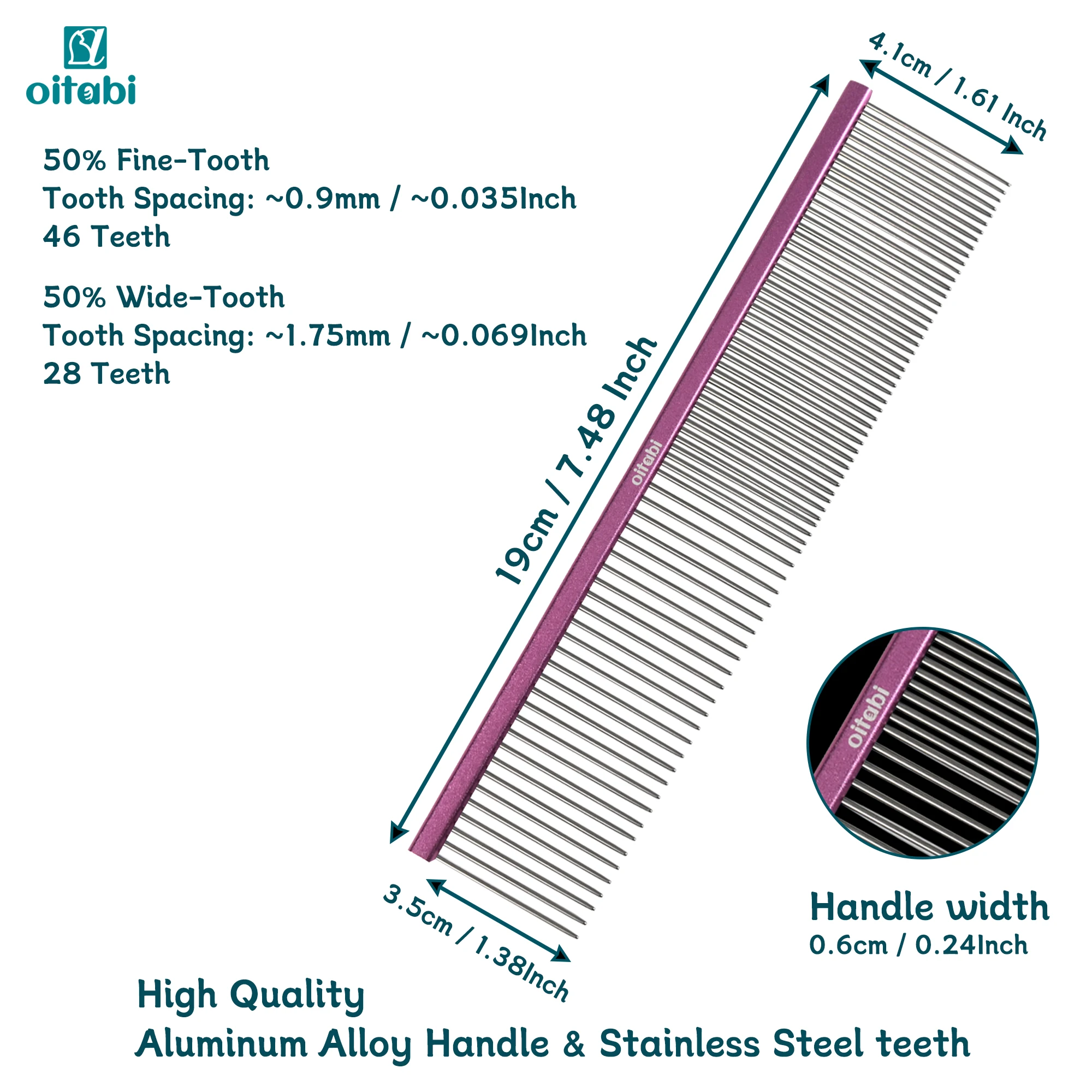 Oitabi Professional Pet Grooming Comb for Removing Matted Fur, Prevents Knots and Mats, Long Teeth Long & Short Haired Pet Comb