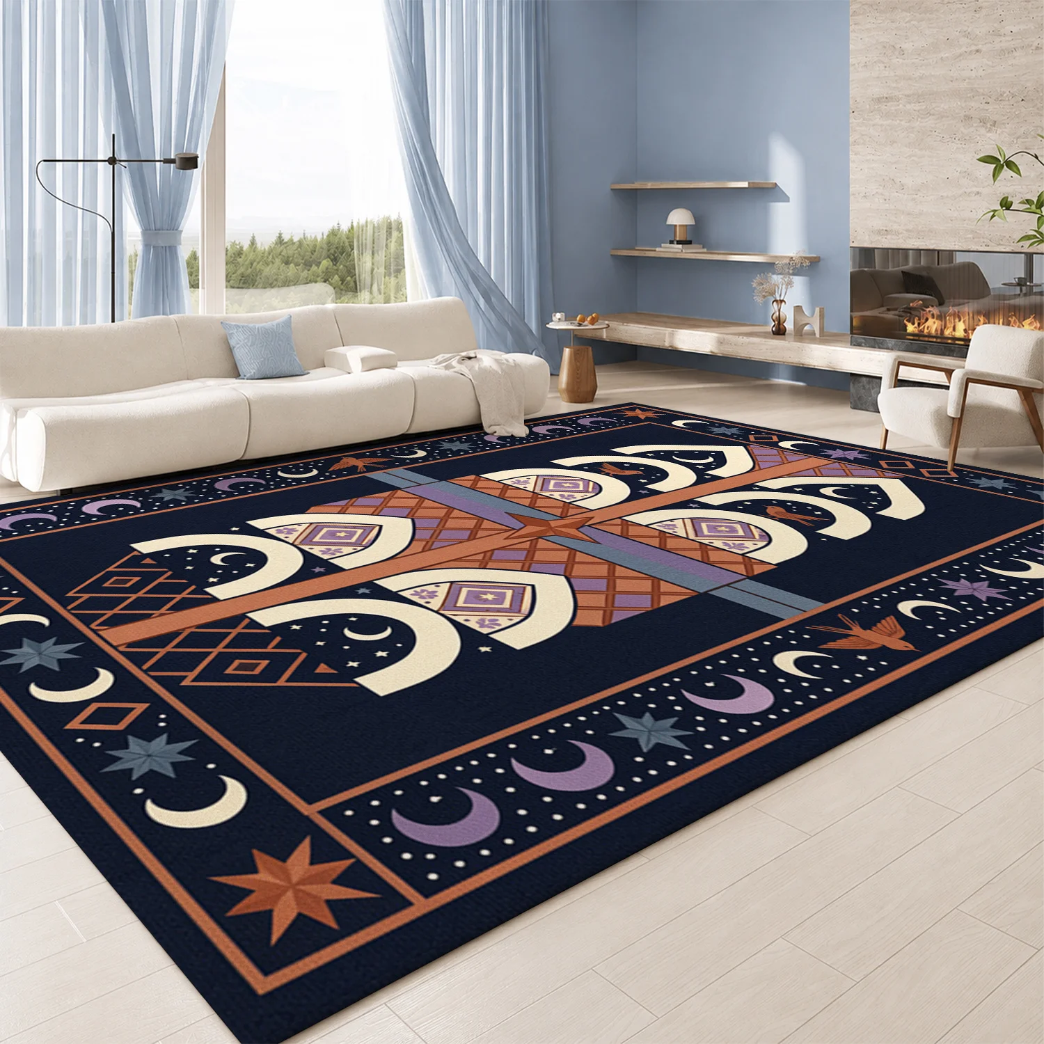 Celestial Moon Star Bird Geometric Pattern Velvet Area Rug, Machine Washable Soft Plush Floor Rug for Living Room Bedroom Entryway, Perfect for Halloween Thanksgiving Christmas New Year Home Decor