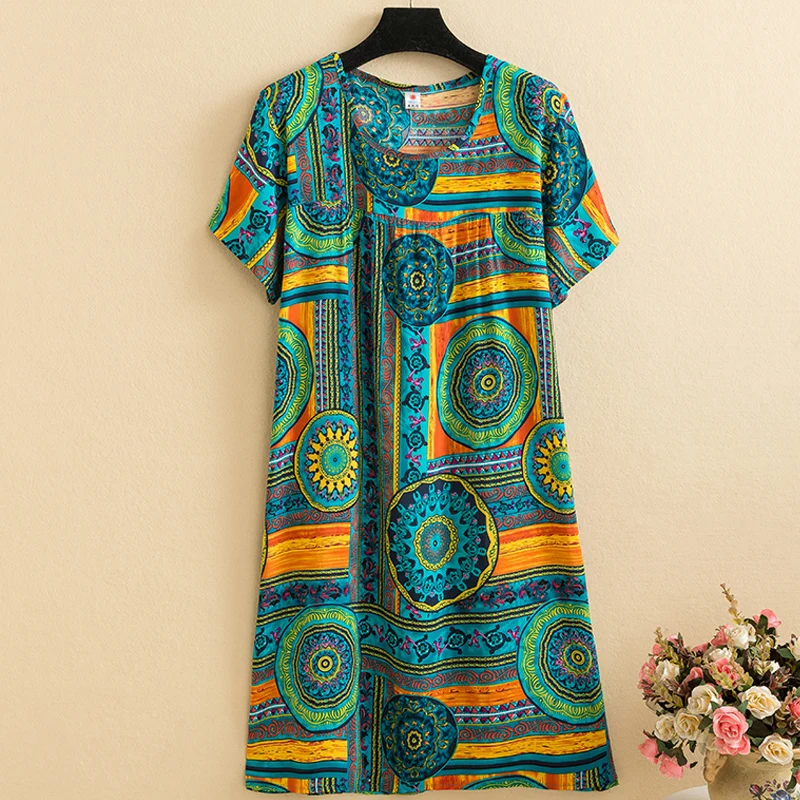 

2023 Summer Printed Dresses Women Loose Vintage Sundress Ladies Beach Dresses Elegant Mid-Calf O-Neck Short Sleeve Boho Dress