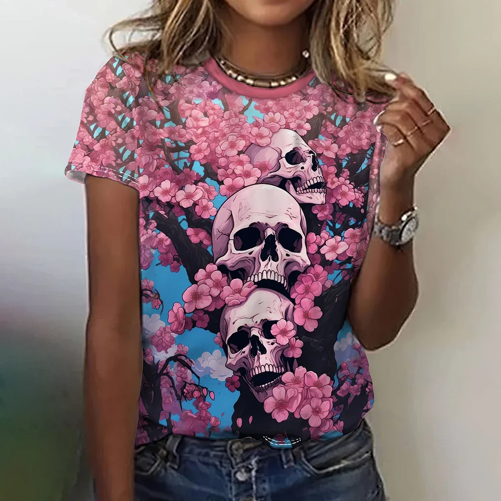 Y2k Gothic Summer Crew Neck Women T Shirt Skull Graphic 3D Printed T Shirt Streetwear Women Short Sleeve Tops T Shirts Apparel