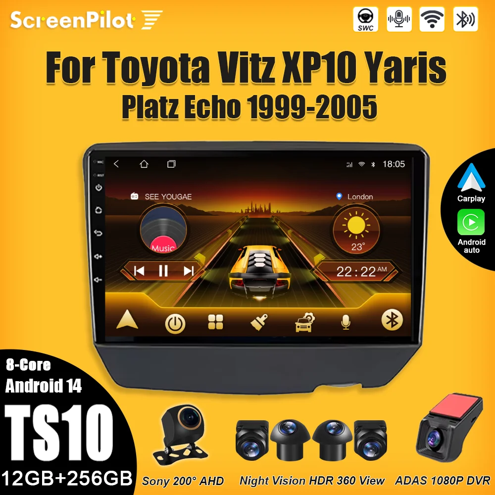 Reproductor Multimedia con Pantalla Táctil Android 16 para Toyota Vitz XP10 Yaris Platz Echo 1999-2005, Carplay, RDS, 8 Núcleos, 5G Wifi, DSP