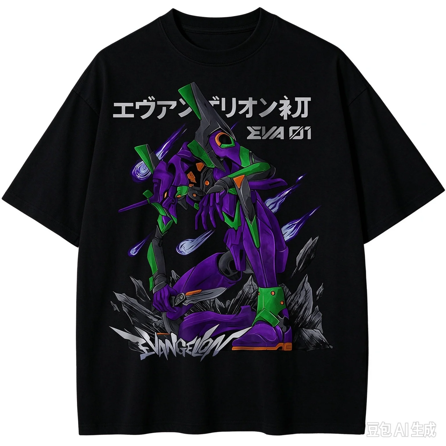 Purple Giant Mecha Robot Graphic T-shirt Unisex Sci-Fi Armored Warrior Breaking Rock Print Casual Summer Short Sleeve Anime Tee