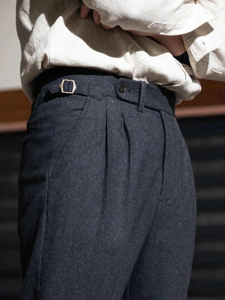 

POT&CRAFTSMAN Flannel wool Italian casual Parisian button tapered gray trousers for men Naples Retro Slim fit