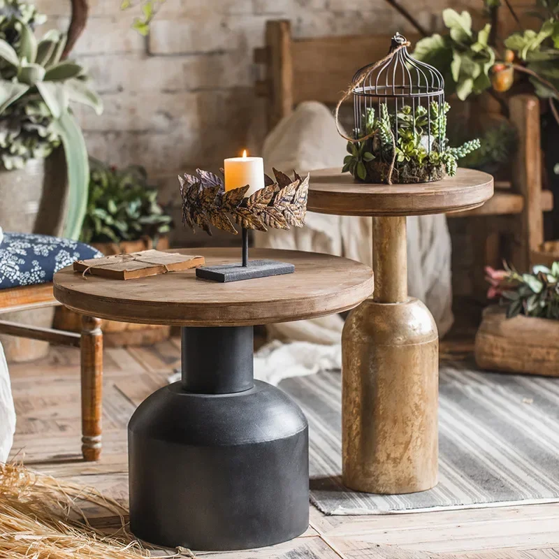 Rural Retro Iron Art Coffee Tables Sofa Solid Wood Simple Round Side Table Industrial Style Center Table Living Room Furniture
