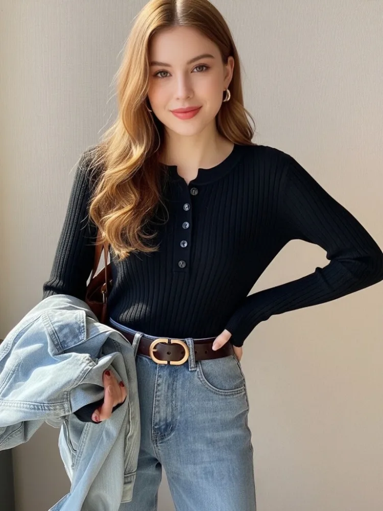 Lente en herfst nieuwe modieuze dames ronde hals knop gebreide onderkant slank ontwerp trui gebreide trui top 1257