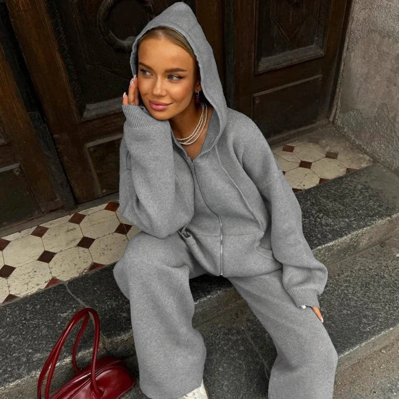 TARUXY Women Hooded Zip Cardigan Jacket Wide-Leg Trousers 2Piece Set Long Sleeve Coat Lace Up Pants Casual Knit Tracksuit Autumn