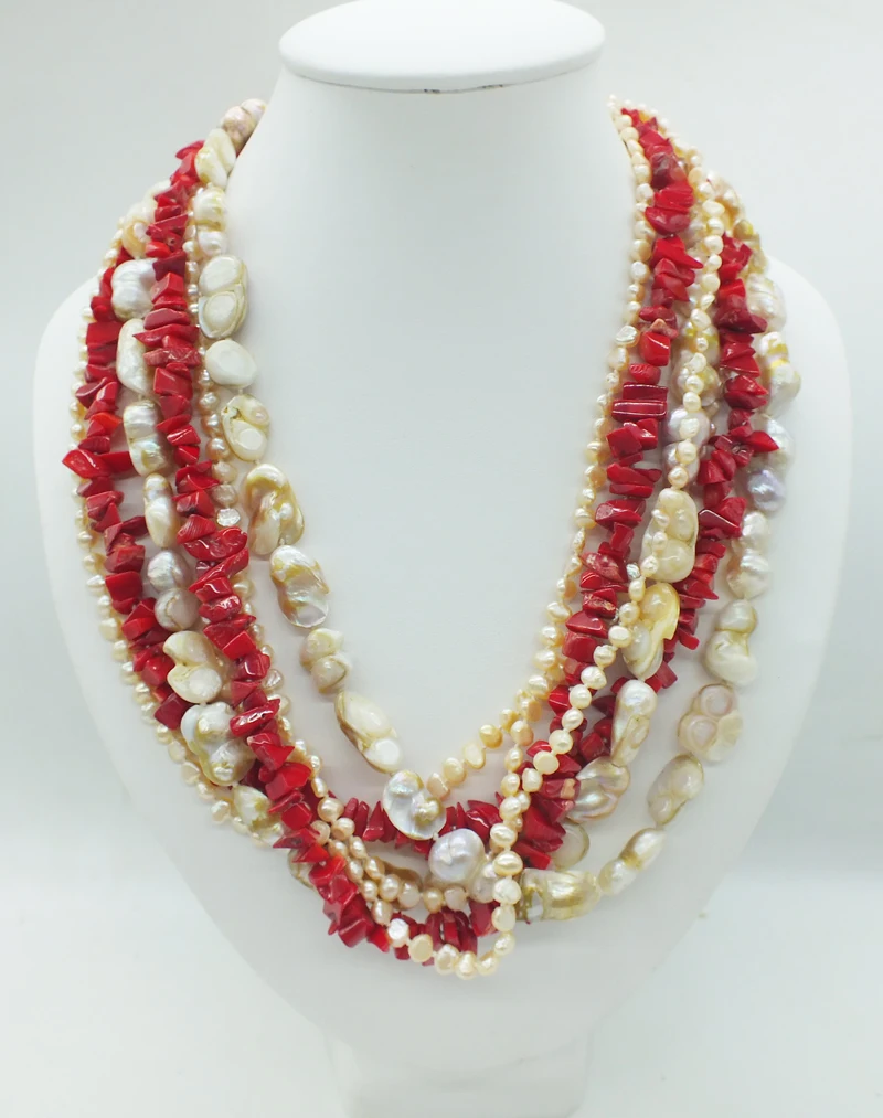 

Multi-strand natural Baroque seawater pearls, and natural red coral necklaces. Classic very beautiful ladies necklace 22"