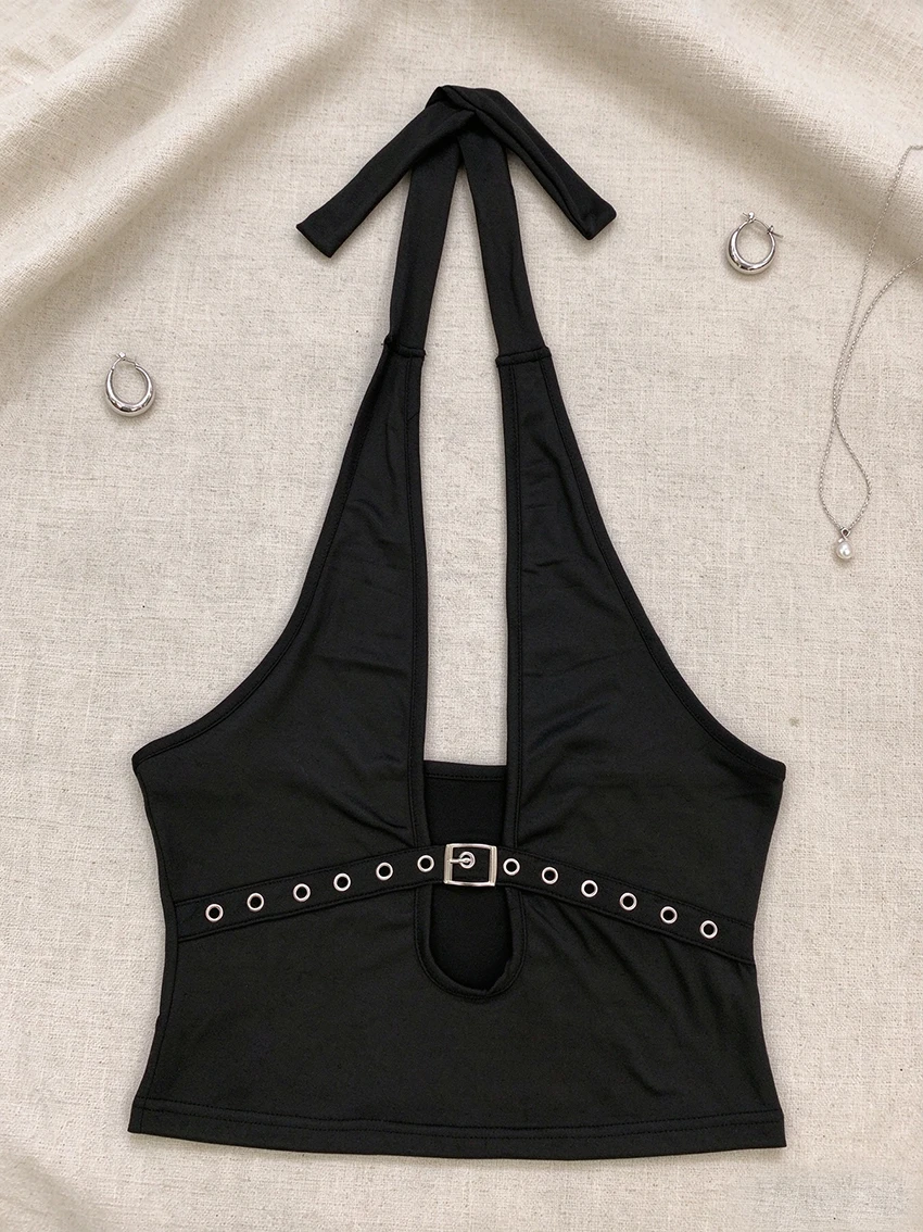 Y2K Streetwear Aesthetic Women Halter Crop Top Punk Deep V Cutout Buckle Eyelet Slim Sleeveless Back Tie Party Clubwear Tank Top