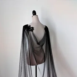 Black Tulle Wedding Evening Dress Cape Lace Trim Cape Cathedral Bridal Lace Decorate Party Cloak Bride Shoulder Veil Costume