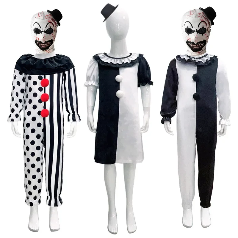 Palhaço Joker Cosplay fantasia com máscara e chapéu para crianças, macacão terrifier, Halloween Horror Bodysuit, conjunto de arte para meninos e meninas