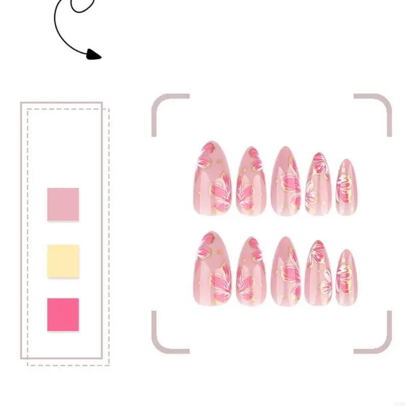 Bx0f 24x Pink Flowers Premere su unghie a mandorle False Unghia artificiale semplice