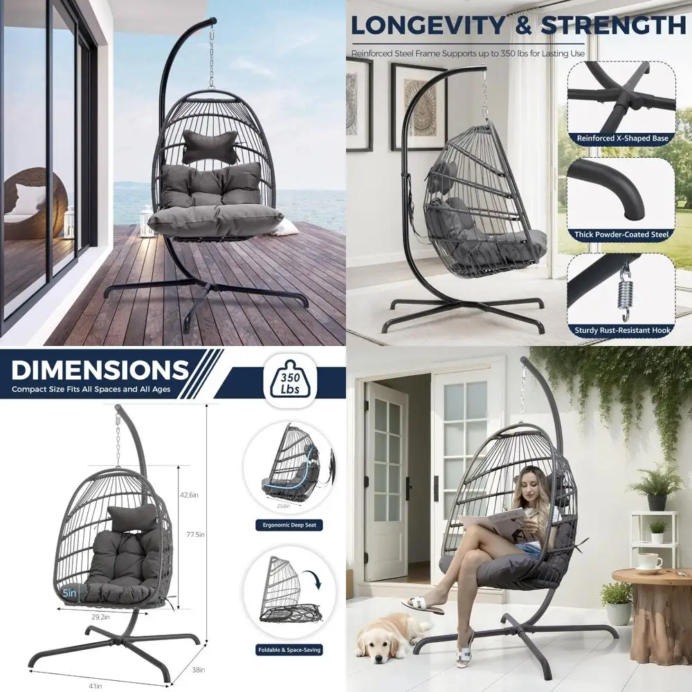 كرسي على شكل بيضة من الخيزران للاستخدام الداخلي والخارجي مع حامل، سلة معلقة للفناء، كرسي مريح مبطن على شكل بيضة للاسترخاء #1