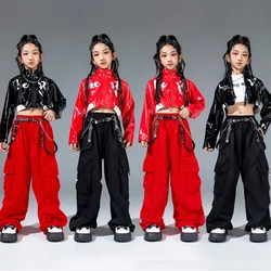 Girls Hip Hop Dance Costume Children Street Moden Dance Wear Kid Jazz Kpop Stage Clothing Red Jacket Black Cargo Pants VDL2169