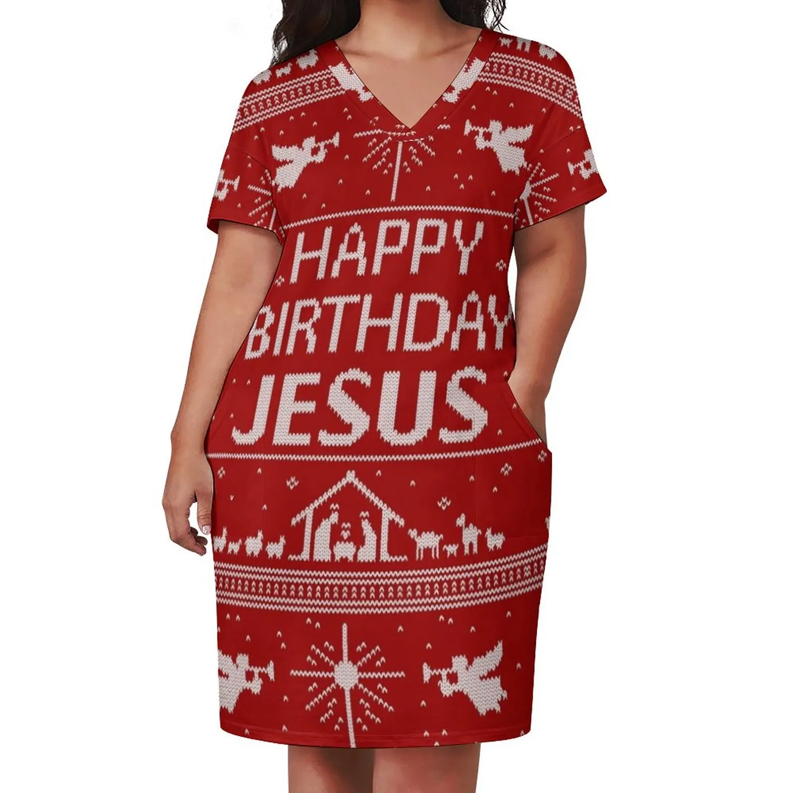 Vestido de bolso solto com bolso solto, Camisola de malha, Happy Birthday Jesus, Camisola feia do Natal, Malha escandinava, Vermelho Branco, Religioso Cristão