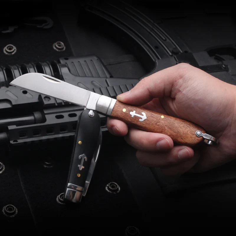 Wood Handle Folding Knife Portable Sharp Outdoor Travel Knife, Multifunctional for Box Cutter Wire Stripping Daily Carry