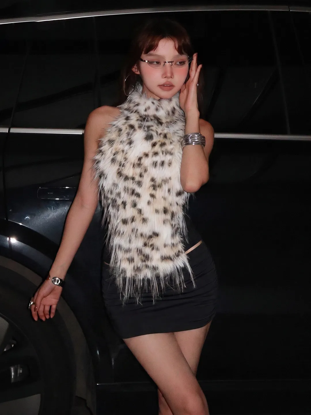 2026 Autumn New Y2K Plush Leopard Patch Halter Tank Top For Women Fur Vest Slim Versatile Trendy Cropped Streetwear Sleeveless