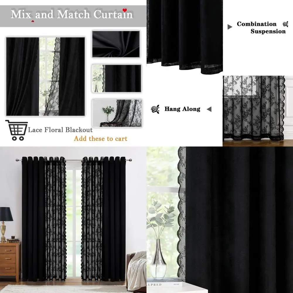

Vintage Floral Black Lace and Blackout Curtains, 84 Length, 4-Piece Set, Grommet Top, 52 Wide for Living Room