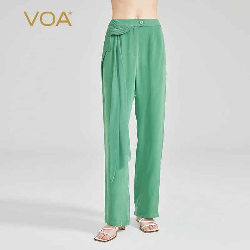 

VOA Spruce Green 30 Momme Heavyweight Sandwashed Silk Natural Waist Side Pockets Asymmetric Decorative Silk Wide Leg Pants KE991