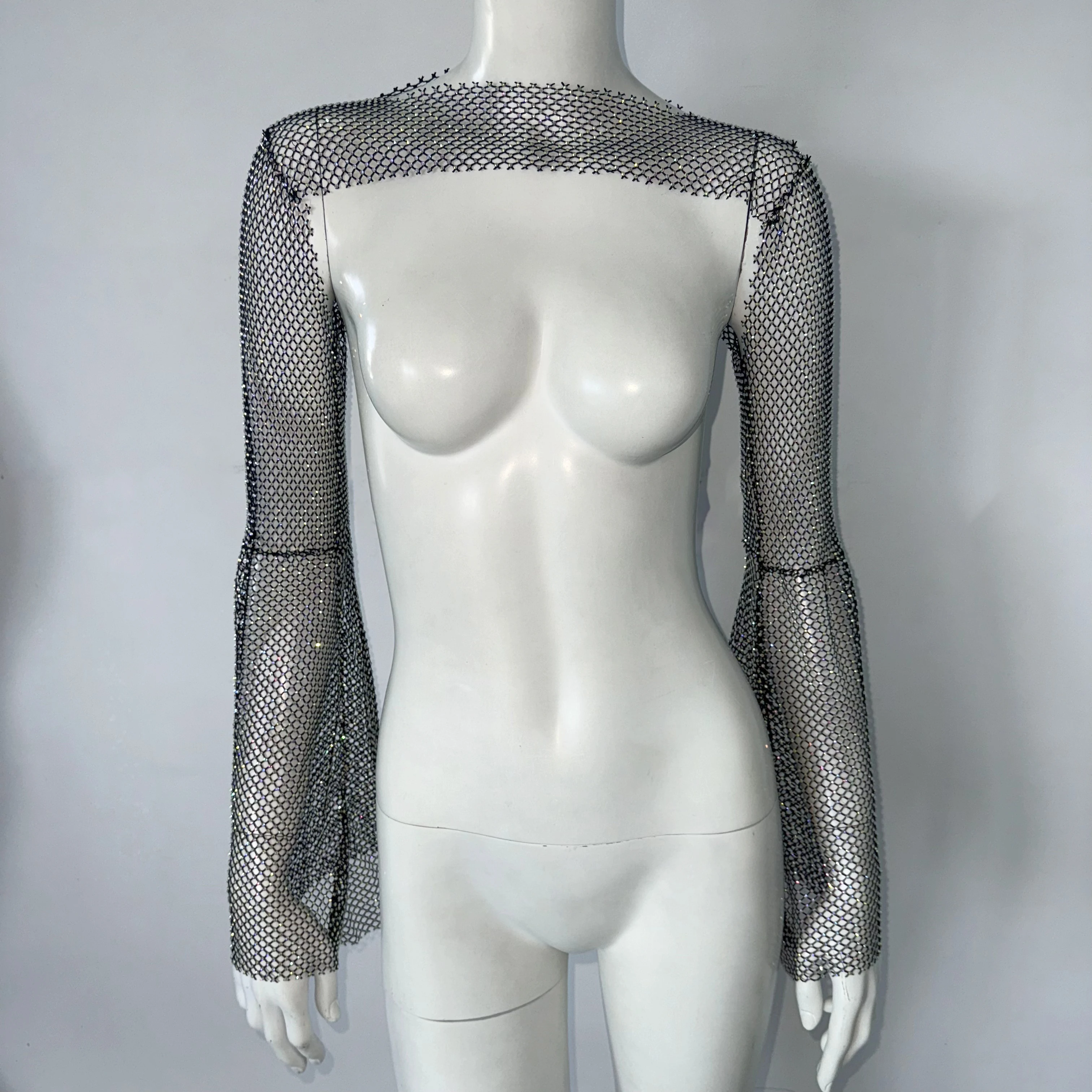 

Sexy See Through Hollow Backless Flare Sleeve Summer Bikini Cover Up Beach Party Club Crop Tops Shiny Rhinestone Mesh T Shirt