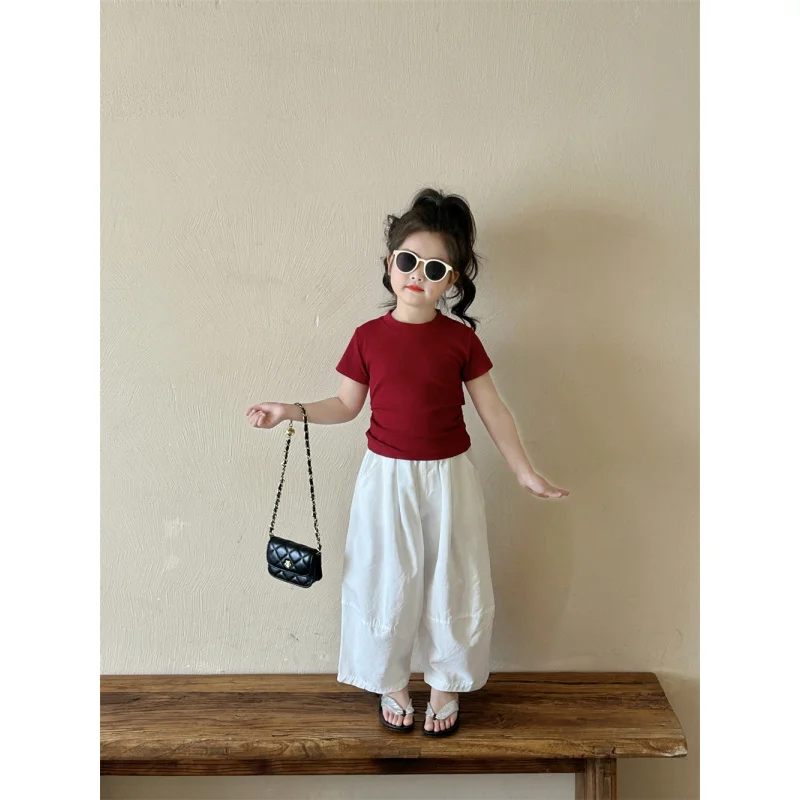 

Girls' Summer Outfit New Children's Tie Strap Ribbed SetTT-Shirt Wide-Leg Balloon Pants Toddler Two-Piece Set