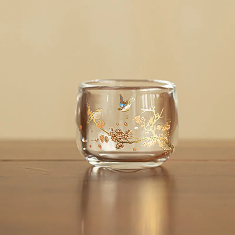 1 Pc Chinese Glass Tea Cup Flower and Bird Pattern Teacup Household Transparent Tea Bowl Travel Personal Master Cup Teaware 80ml