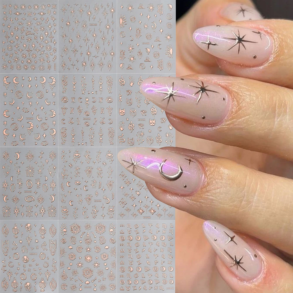 12 Uds. De pegatinas 3D metálicas para decoración de uñas con estrella/luna, bronceado dorado/plateado Y2K Starlight, calcomanías para uñas de 10x8cm, deslizador autoadhesivo para manicura