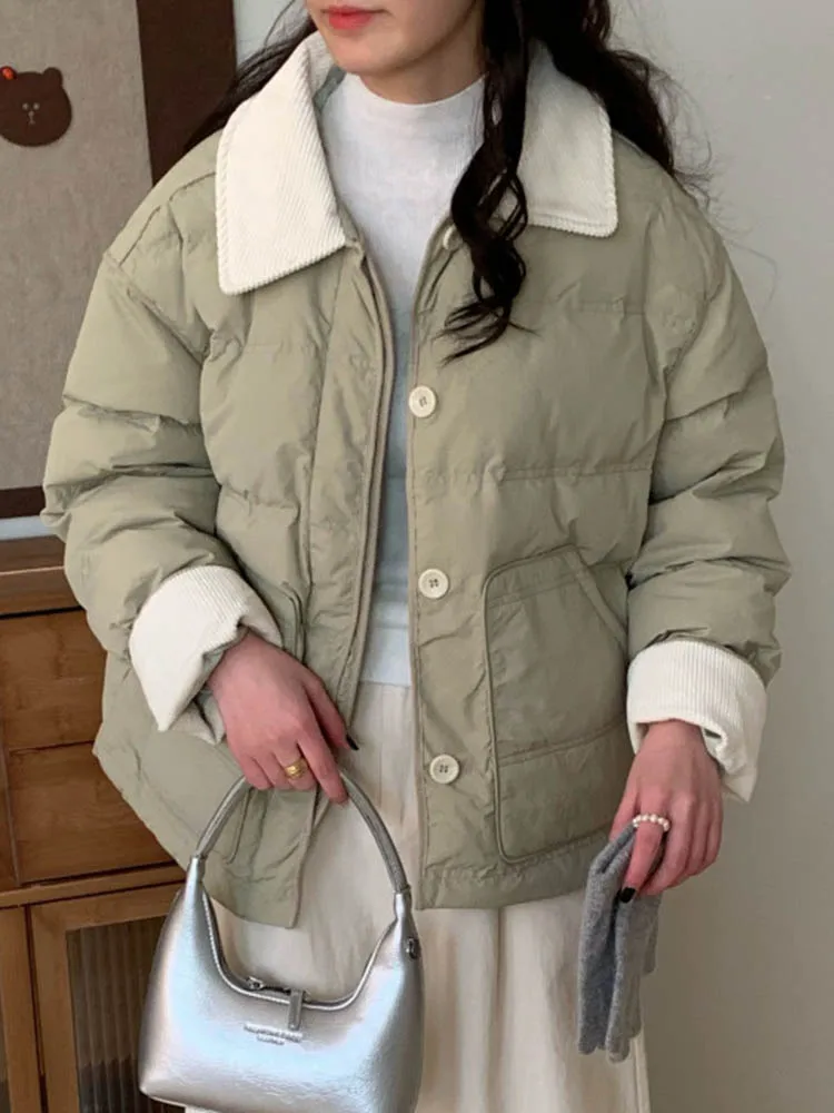 الكورية موضة رشاقته ملابس خارجية المرأة عادية التلبيب الرقبة القطن وسادات مبطنة شتاء دافئ واحدة الصدر فضفاض Chaquetas القمم