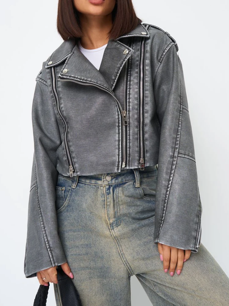 Ailegogo New Spring Autumn Women Short Pu Faux leather Jacket Vintage Female Zipper Grey Coat Moto Biker Streetwear Outwear