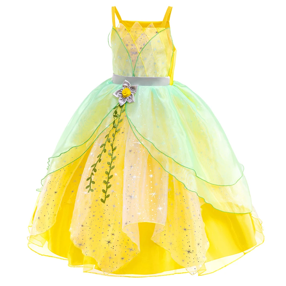 Kids Tiana Princess Costume Dress Sparkly Green Yellow Layered Tulle Dress Accessories Set for Halloween Cosplay  Photo Shoot