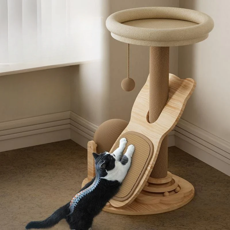 

Natural Sisal Cats Tree Multi-Functional Cat House Wooden Base Scratching Post with Rolling Ball and Turntable Cat Toys