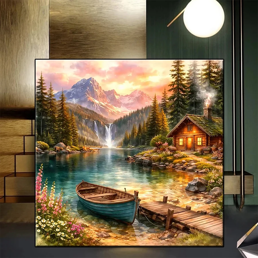Home Decor Range - ชุดภาพวาดเพชร 5D ลายภูเขา ทะเลสาบ บ้านไม้ ทิวทัศน์