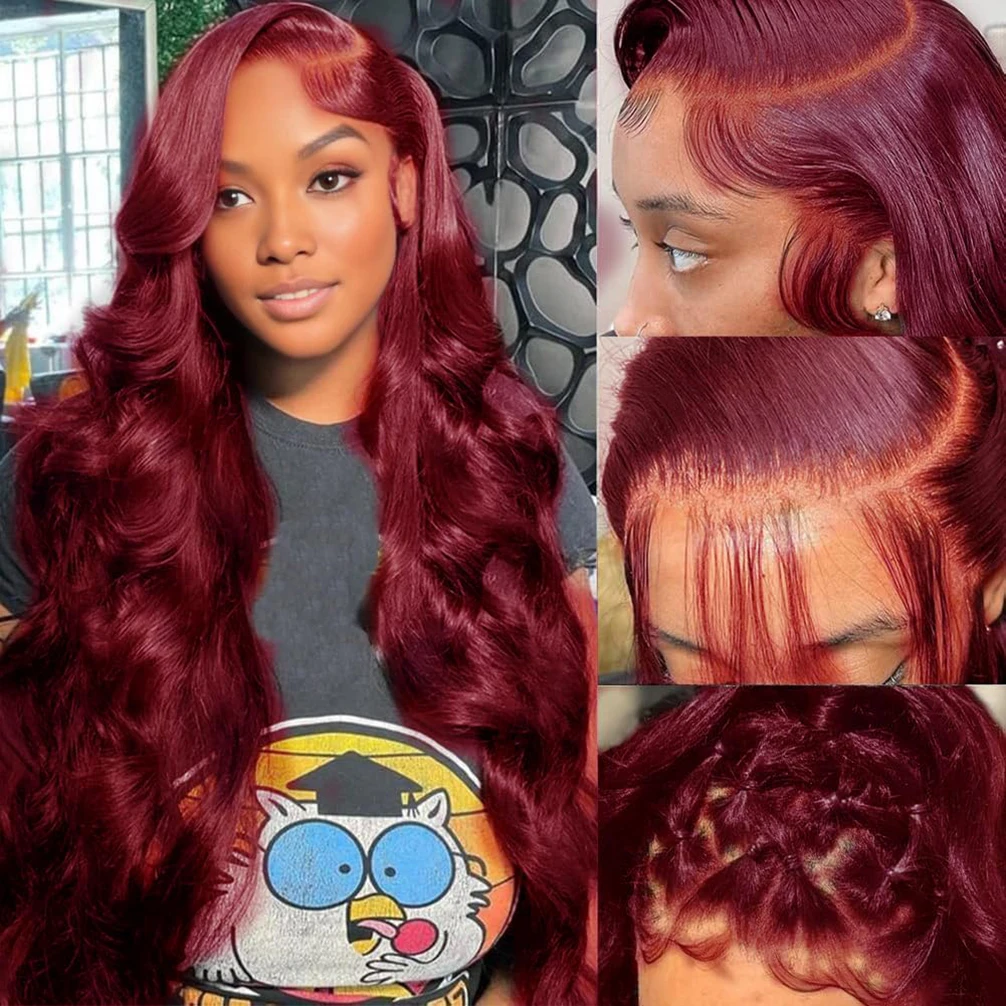 36 Inci 13X6 Wig Rambut Manusia Renda Depan 99j Gelombang Tubuh Merah Marun Kepadatan 180% HD Wig Frontal Renda Transparan Rambut Manusia