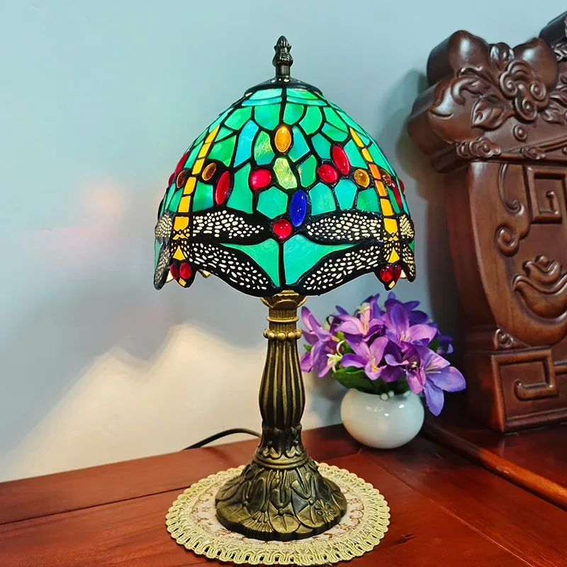 American Retro Tiffany Stained Glass Nostalgic Table Lamp Restaurant Bedside Lamp Retro Cafe Bar Creative Lamp