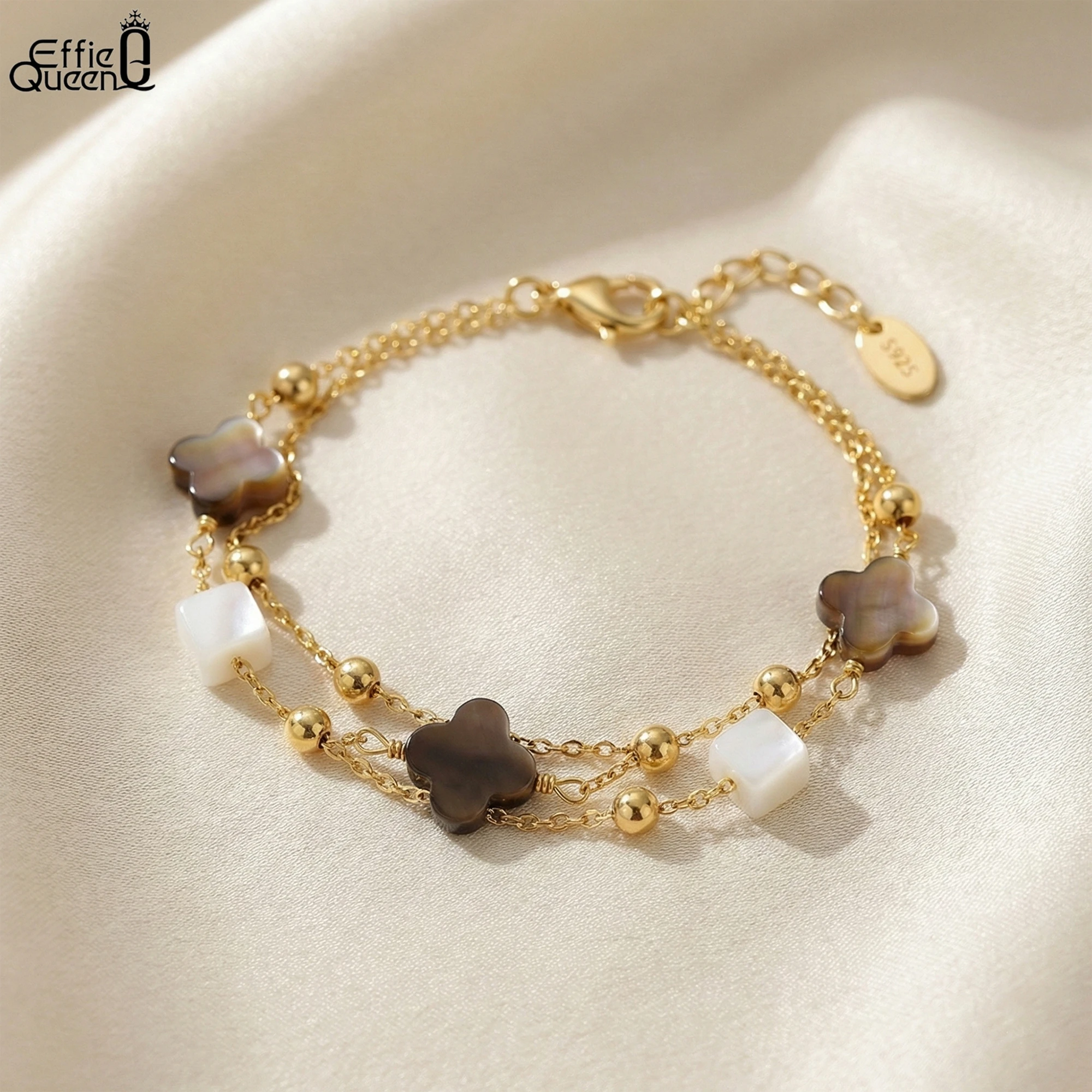 EFFIE QUEEN 925 Pure Silver 14k Gold Four Leaf Clover Chain Bracelet Lucky Jewelry for Women, Men Banquet Birthdays Gift GMB66