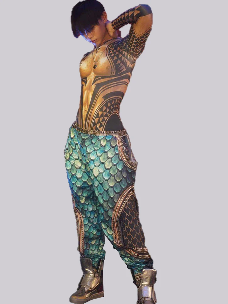 

fashion print tattoo two piece man jumpsuits long sleeve Blue pants sexy party bar DS club outfits stage performance Celebrate