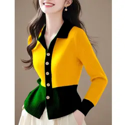 2024 Patchwork New Autumn Winter Polo Knitting Cardigan Sweater Coat Fashion All-match Long Sleeve Temperament Top Tee Women's
