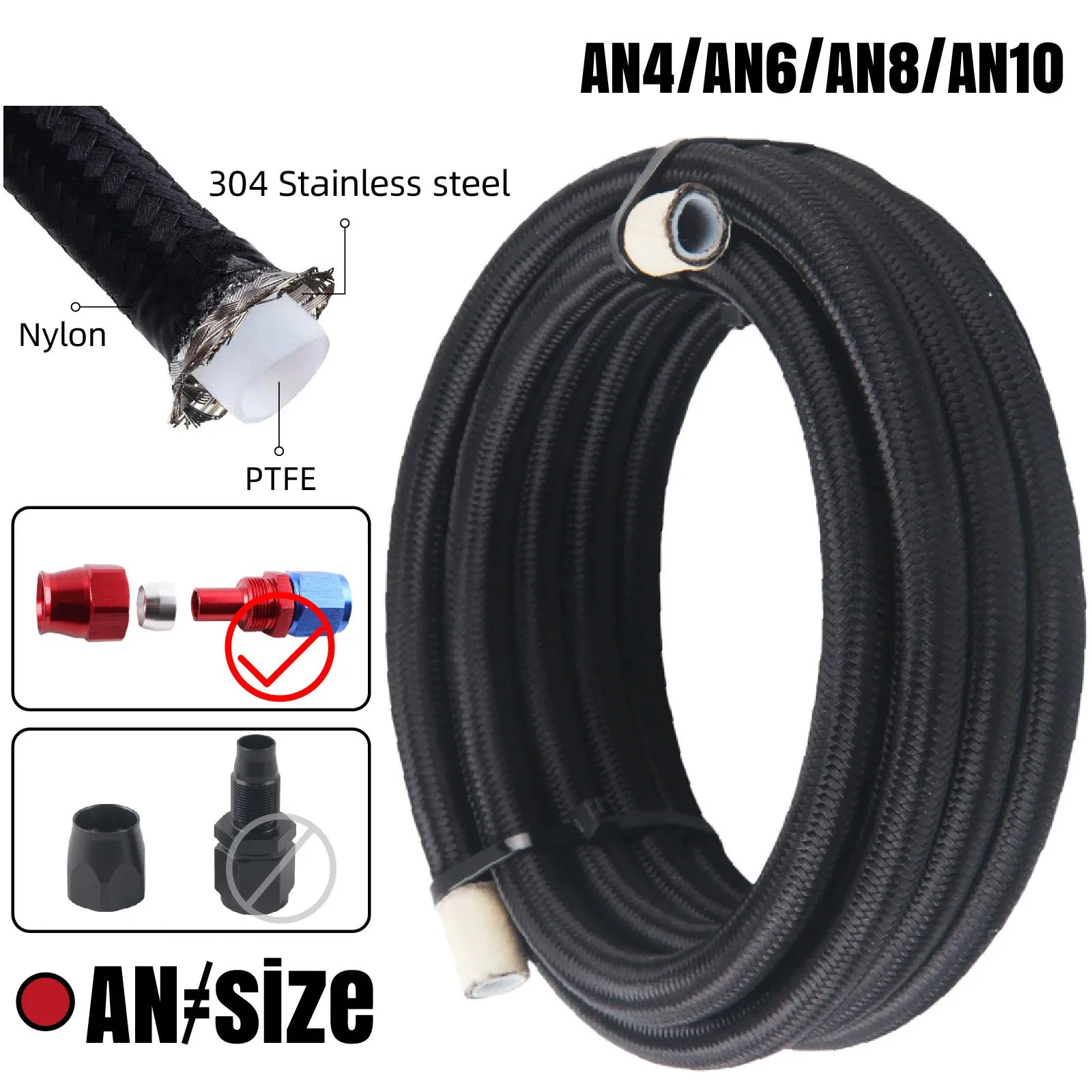 AN4 AN6 AN8 AN10 Universal E85 1M/2M/3M/5M Fuel Hose Oil Gas Cooler Line Pipe Tube Inside PTFE Nylon Stainless Steel Braided
