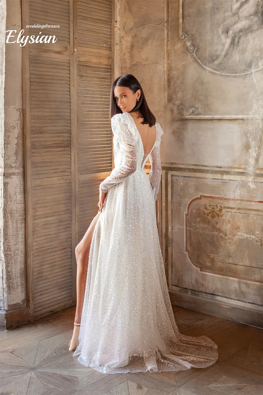 Angepasst Tiefem V-ausschnitt Pailletten Glitter Brautkleid Sexy High Side Split Brautkleider A-linie Gericht Brautkleid vestido de nov