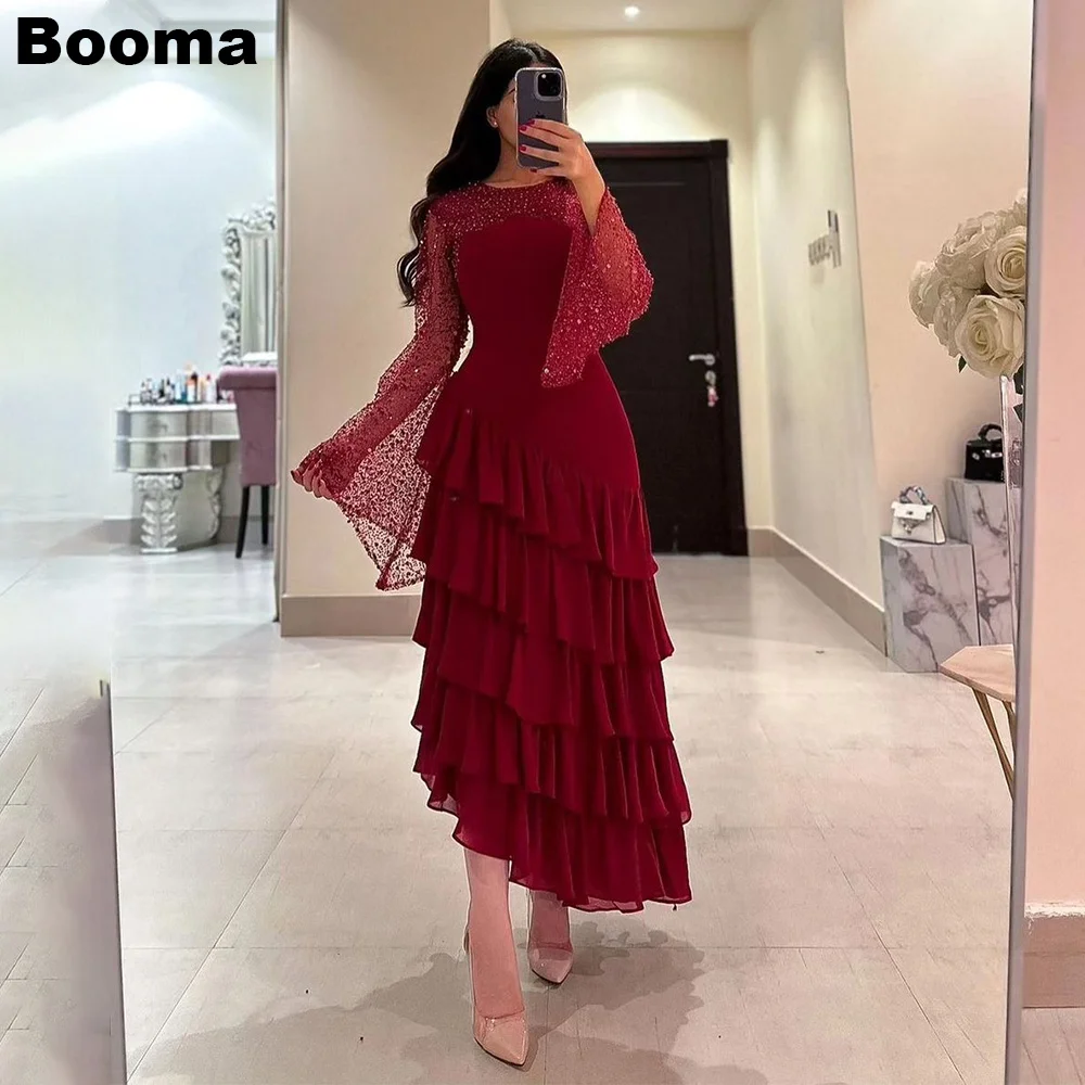 

Booma Tiered Chiffon Evening Dresses Sequined Long Sleeves Prom Dress Ankle Length Women's Formal Dresses Dubai Celebrate Gowns