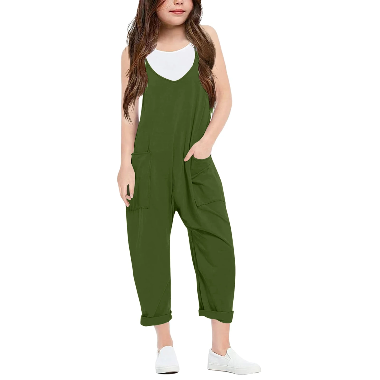 Summer fashion casual girls V-neck halter jumpsuit solid colour loose with pockets lightweight trousers girls