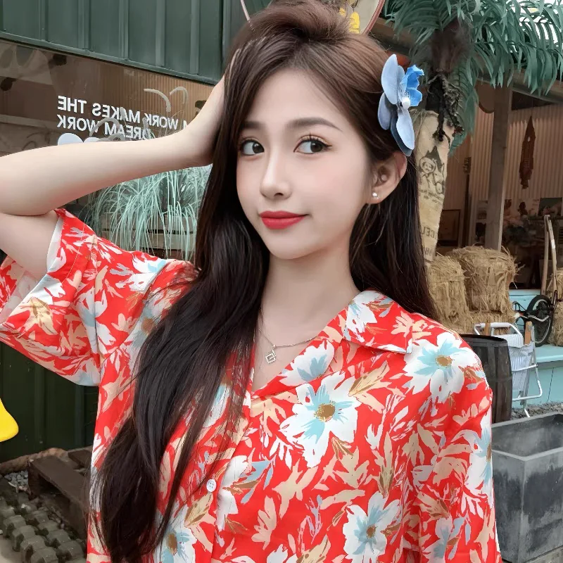 

Red Floral Men's Summer Shirt Island Style Drapey Half Sleeve Beach Coast Jacket Loose Fit Casual American Style Sharp Collar