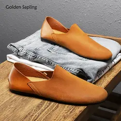 Mocasines dorados de cuero para hombre, zapatos planos de verano, informales, para ocio, fiesta, conducir, Retro