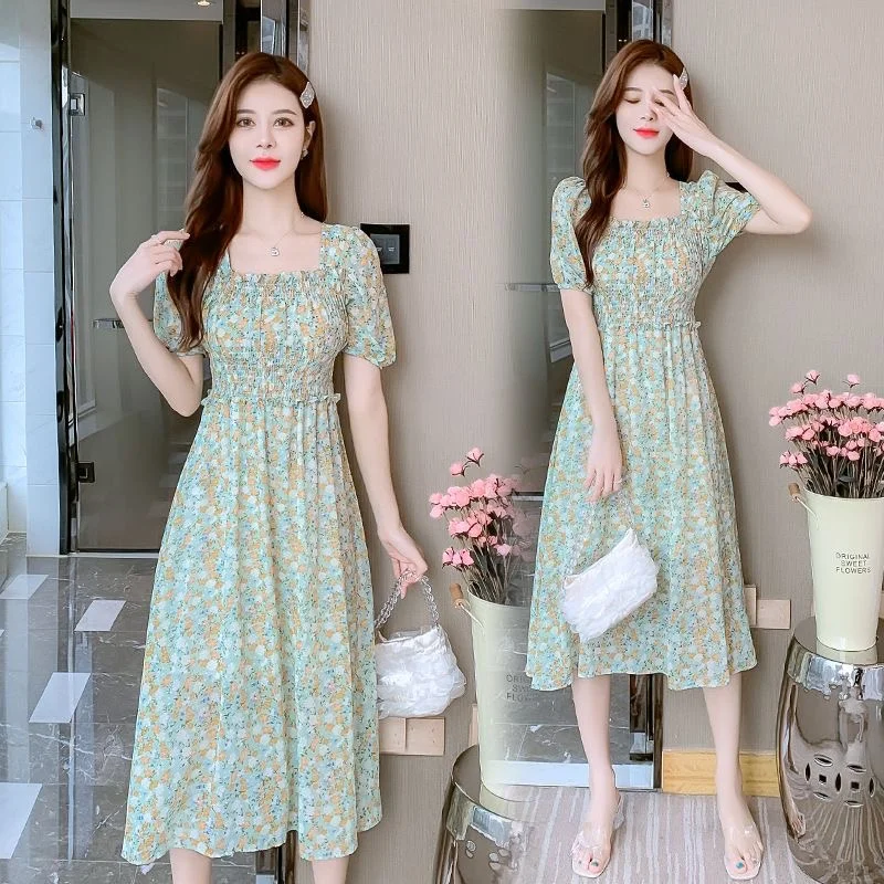 

Gentle Wind Short-sleeved Chiffon Dress Summer New Women's Fashion Temperament Square Collar Medium Long Slim Slim Fresh Skirt