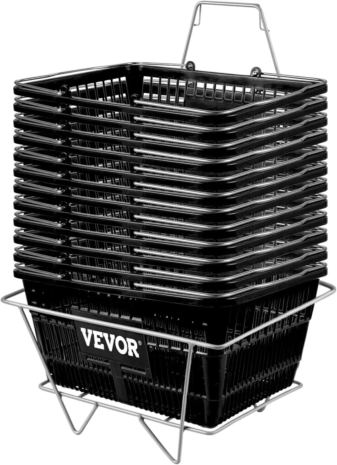 Shopping Basket, Set of 12 Black, Durable PE Material with Handle and Stand, Basket Dimension 16.9