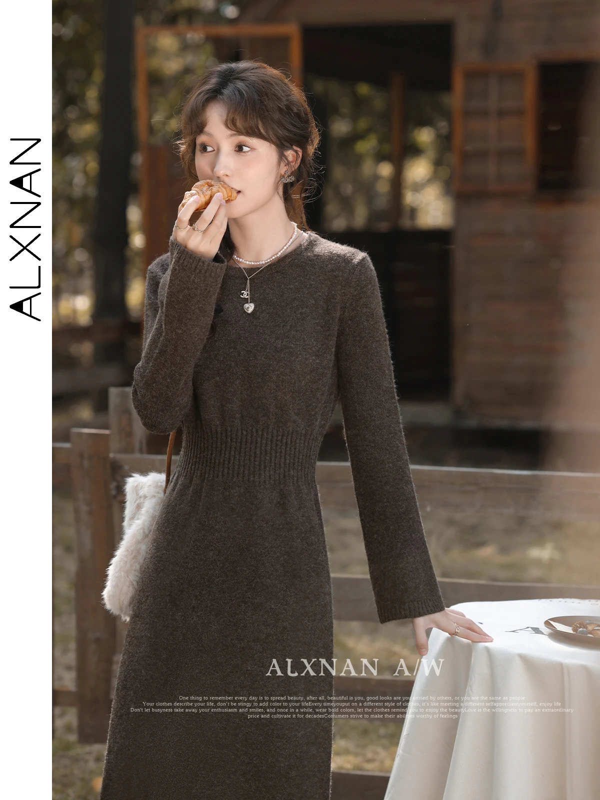 

ALXNAN Women Autumn Knitted Dress Solid A-line Round Collar Long Sleeve Soft 2024 New Elegant Chic Women Clothes L330161