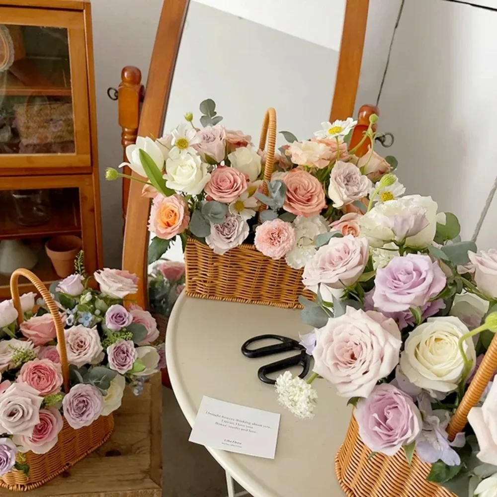 Willow Rattan Bride Flower Basket Hand-Woven Picnic Container Flower Arrangement Basket with Handle Picnic Weaving Basket image 4