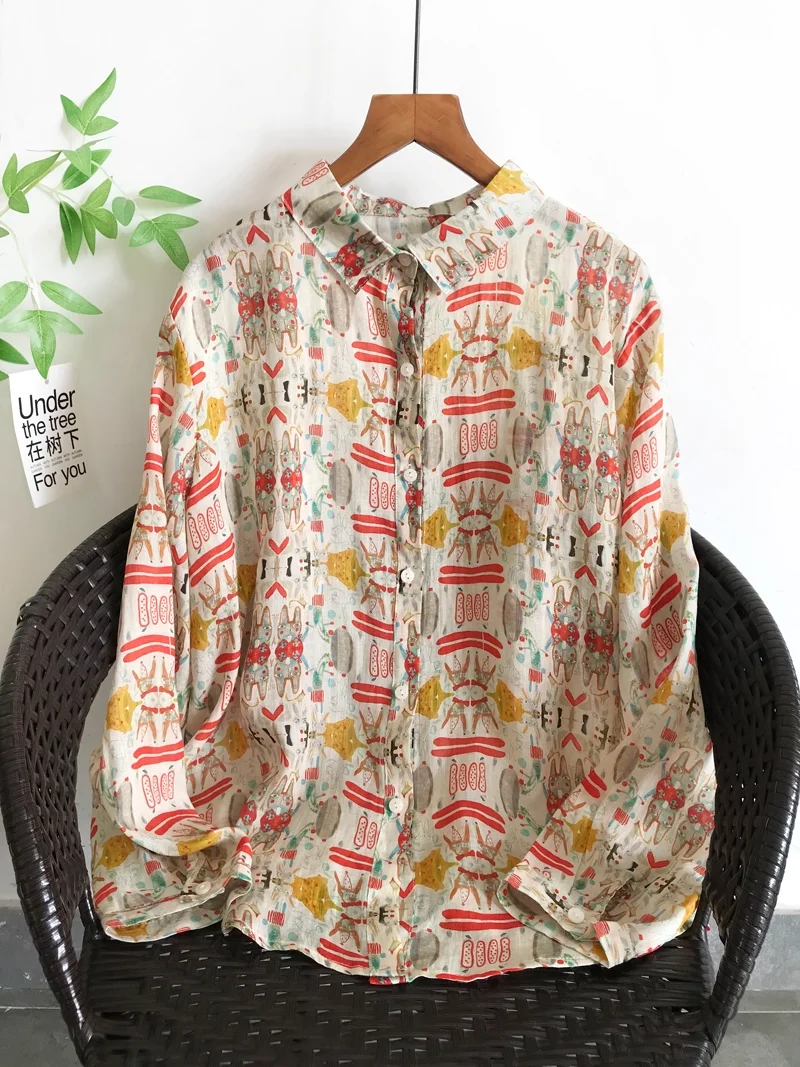 

100% Ramie ladies tops and blouses for women autumn spring linen original button up print long sleeve tops
